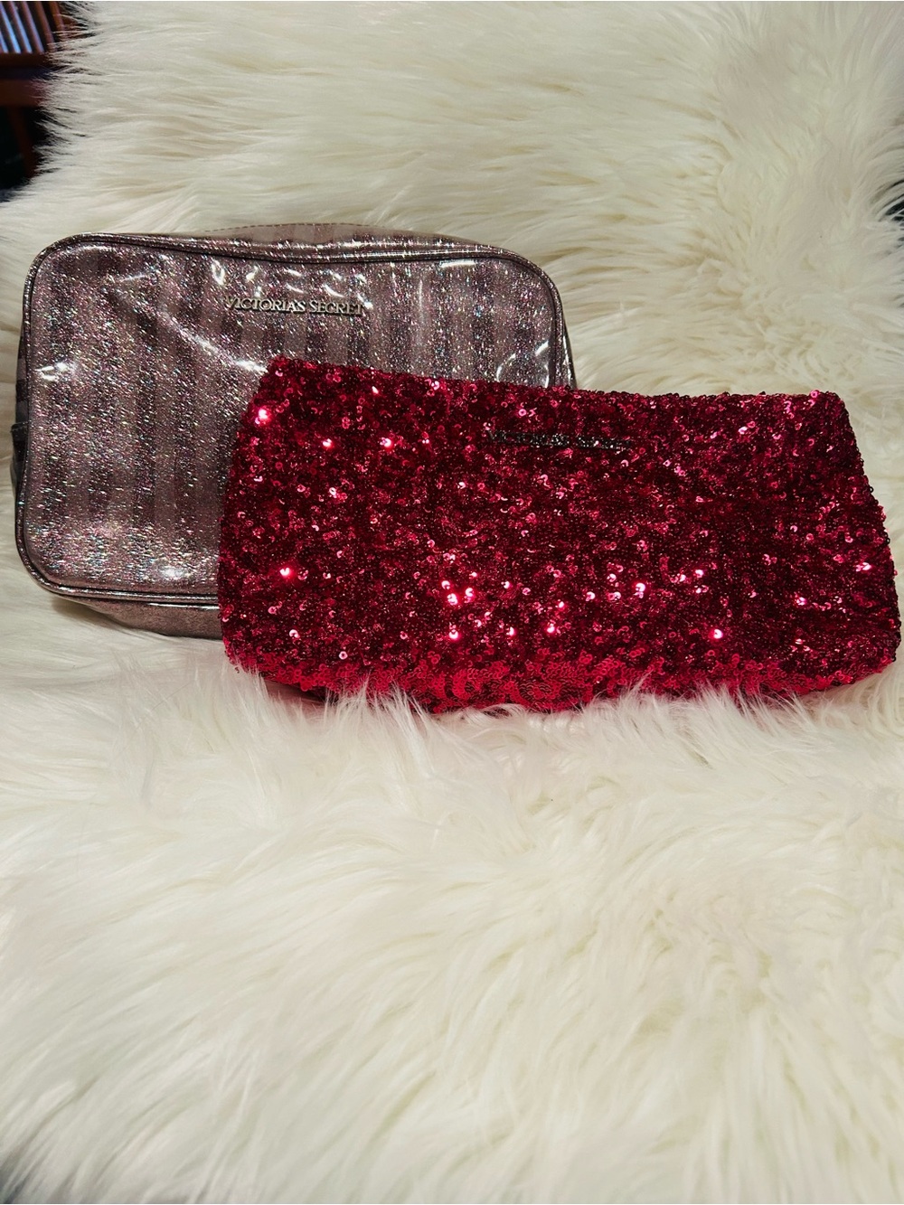 Victoria's Secret Fuscia Sequin Cosmetic Bag with Rose Pink Glitter Case